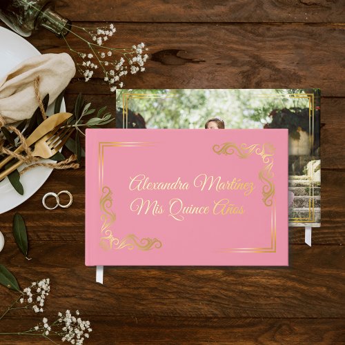 Elegant Pink Gold Frame Quincea&#241;era Foil Guest Book