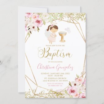 Elegant Pink Gold Geometric Floral Girl Baptism Invitation | Zazzle