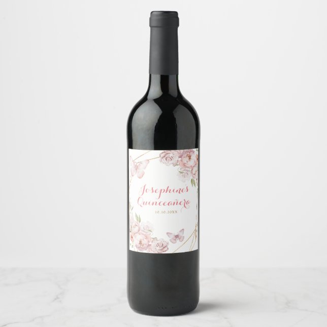 Elegant pink Gold Geometric Floral Mis XV Años Wine Label (Front)