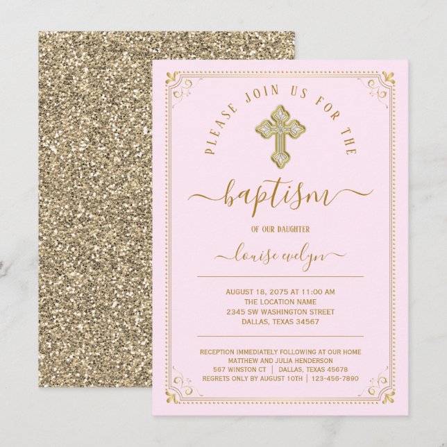 Elegant Pink Gold Girl Baptism Invitation (Front/Back)