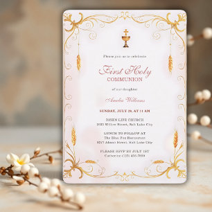 Elegant Pink & Gold Girl First Holy Communion Invitation