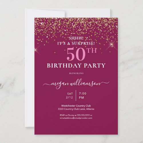 Elegant Pink Gold Glitter 50th Birthday Party Invitation