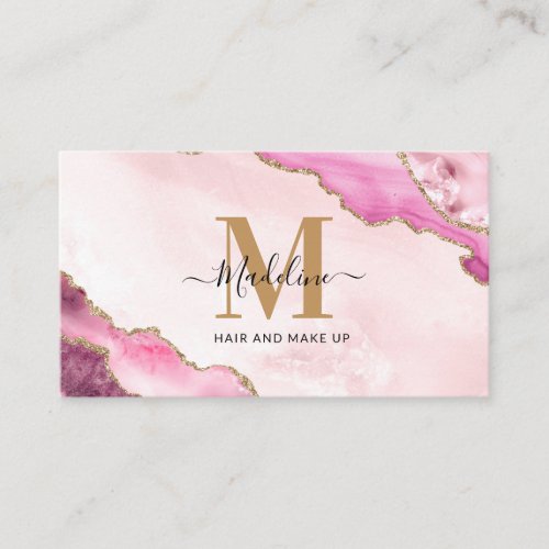 Elegant Pink Gold Glitter Agate Marble Monogram Business Card