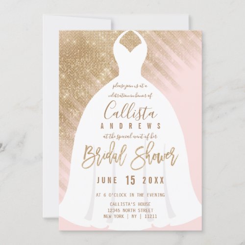 Elegant Pink Gold Glitter Dress Bridal Shower Invitation