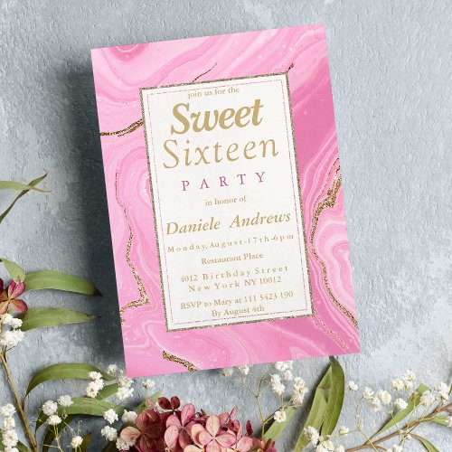 Elegant pink gold glitter marble Sweet Sixteen Invitation