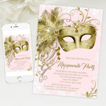 Elegant Pink Gold Glitter Masquerade Party Invitation by Pure_Elegance at Zazzle