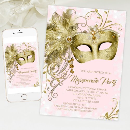 Elegant Pink Gold Glitter Masquerade Party Invitation