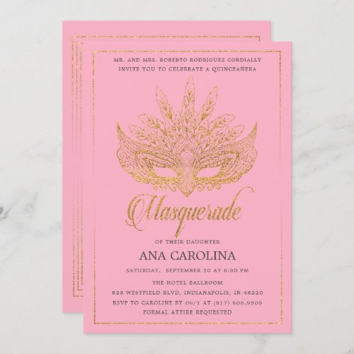 Elegant Pink Gold Glitter Masquerade Quinceaera Invitation