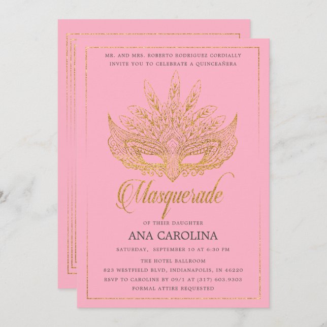 Elegant Pink Gold Glitter Masquerade Quinceañera Invitation (Front/Back)