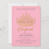 Elegant Pink Gold Glitter Masquerade Quinceañera Invitation (Front)