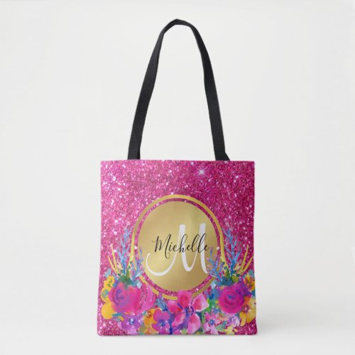 Elegant Pink Gold Glitter Metal Frame Floral  Tote Bag