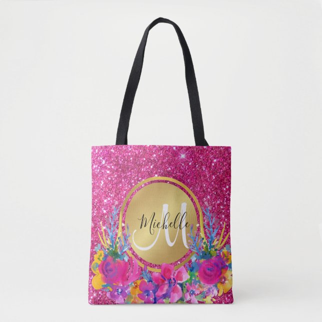 Elegant Pink Gold Glitter Metal Frame Floral  Tote Bag (Front)