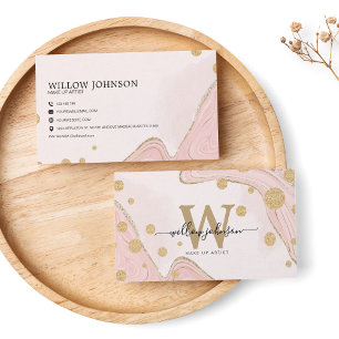 Elegant Pink Gold Glitter Monogram Agate Marble Business Card