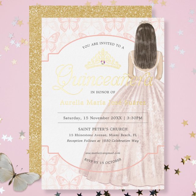 Elegant Pink Gold Glitter Quinceañera Birthday Foil Invitation (Creator Uploaded)