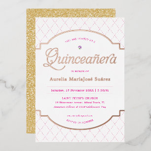 Elegant Pink Gold Glitter Quinceañera Birthday Foil Invitation
