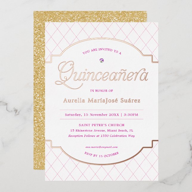 Elegant Pink Gold Glitter Quinceañera Birthday Foil Invitation (Front/Back)