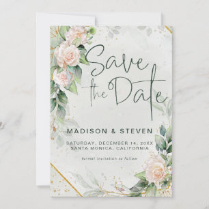 Elegant Pink Gold Glitter Roses Eucalyptus Wedding Save The Date
