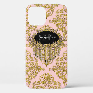 Elegant Pink Gold Glitter Scrolls Vintage Monogram iPhone 12 Case