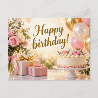 Elegant Pink & Gold Happy Birthday Postcard