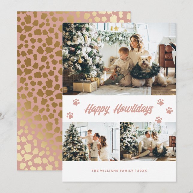 Elegant Pink Gold Happy Howlidays Photo Holiday Card (Front/Back)