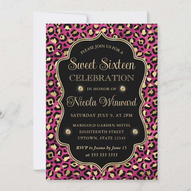 Elegant Pink Gold Leopard Print Sweet 16 Invitation (Front)