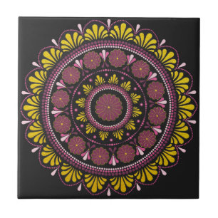Elegant Pink Gold Mandala, Boho Zen Dot Art Flower Ceramic Tile