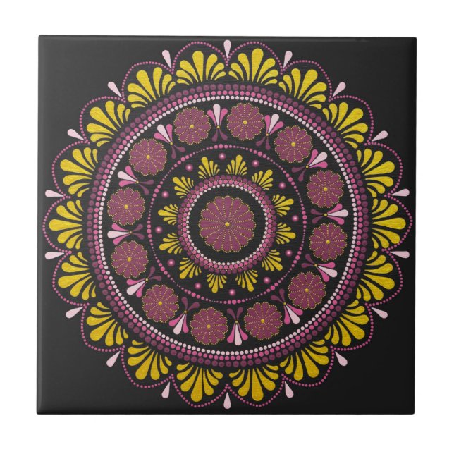 Elegant Pink Gold Mandala, Boho Zen Dot Art Flower Ceramic Tile (Front)