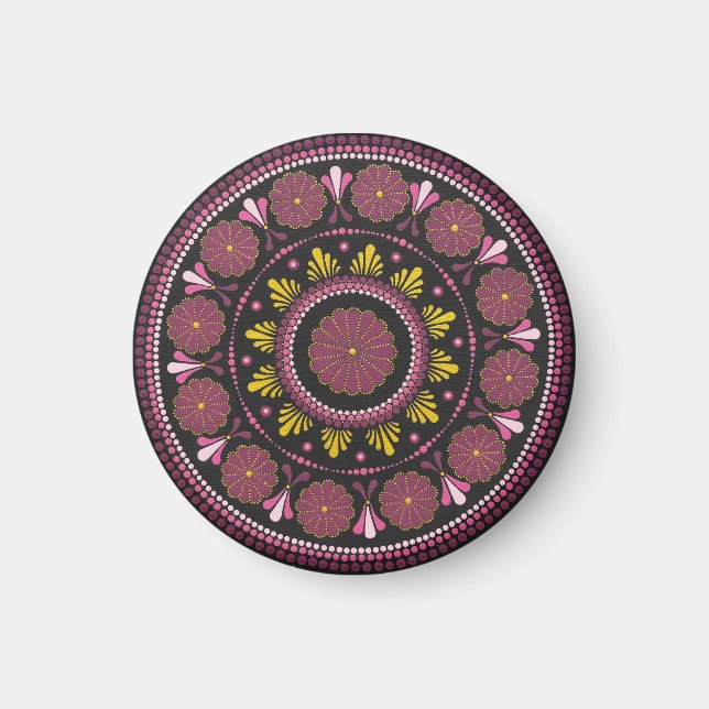 Elegant Pink Gold Mandala, Boho Zen Dot Art Flower Magnet (Front)