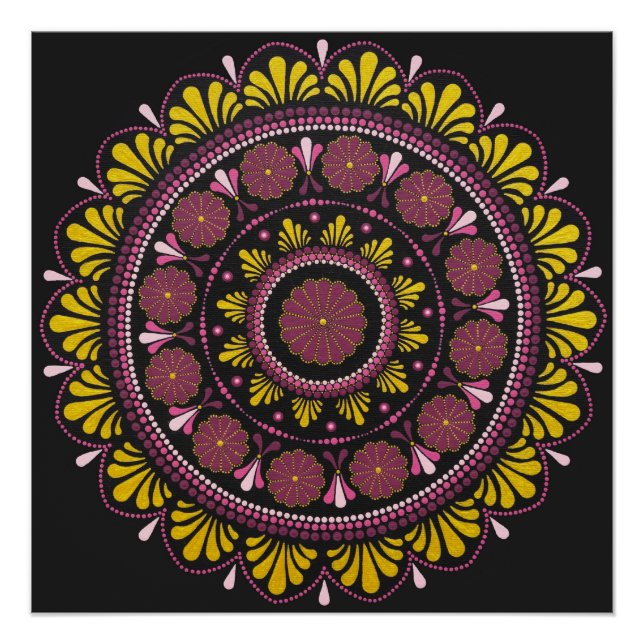 Elegant Pink Gold Mandala, Boho Zen Dot Art Flower Poster (Front)