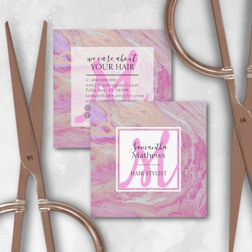 Elegant Pink  Gold Marble Agate Hair Stylist Square Business Card