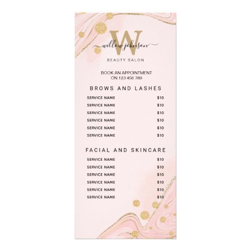 Elegant Pink Gold Marble Agate Services Price List Rack Card