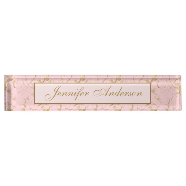 Elegant Pink & Gold Marble Design Desk Name Plate (Front)