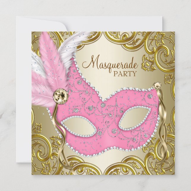 Elegant Pink Gold Mask Masquerade Party Invitation (Front)