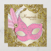 Elegant Pink Gold Mask Masquerade Party Invitation (Front/Back)