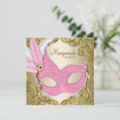 Elegant Pink Gold Mask Masquerade Party Invitation (Standing Front)