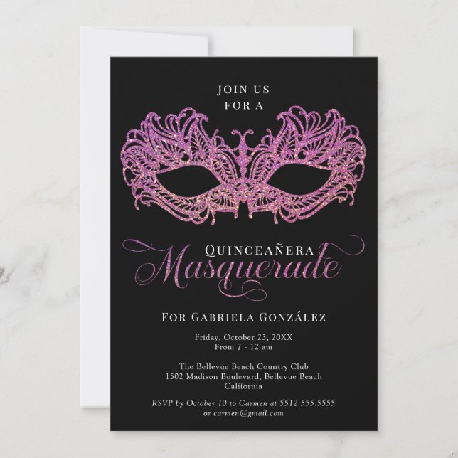 Elegant Pink & Gold Masquerade Mask Quinceanera Invitation (Front)