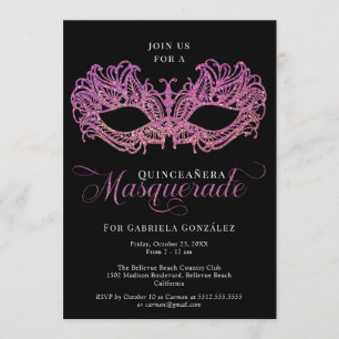 Elegant Pink & Gold Masquerade Mask Quinceanera Invitation