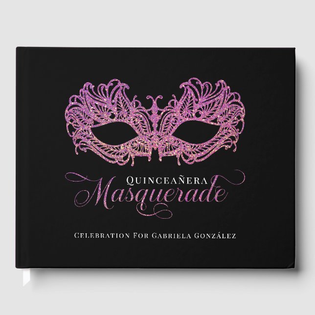 Elegant Pink & Gold Masquerade Quinceanera Guest Book (Front)