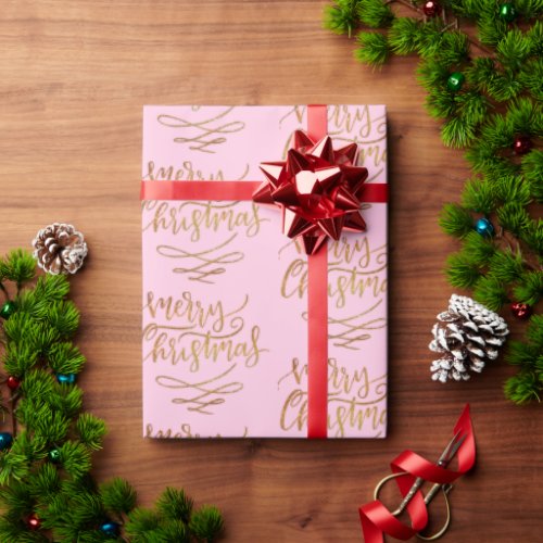 Elegant Pink Gold Merry Christmas Calligraphy  Wrapping Paper