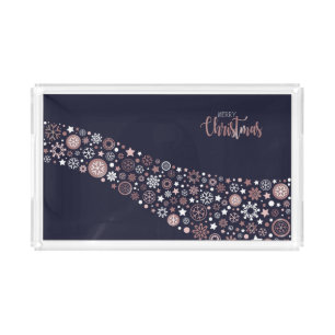 Elegant pink gold metallic snowflakes winter blue acrylic tray