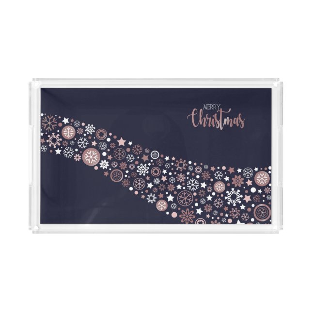 Elegant pink gold metallic snowflakes winter blue acrylic tray (Front)