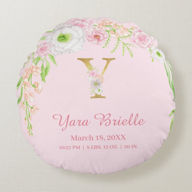 Elegant Pink Gold Monogram "Y" Baby Girl Stats Round Pillow (Front)