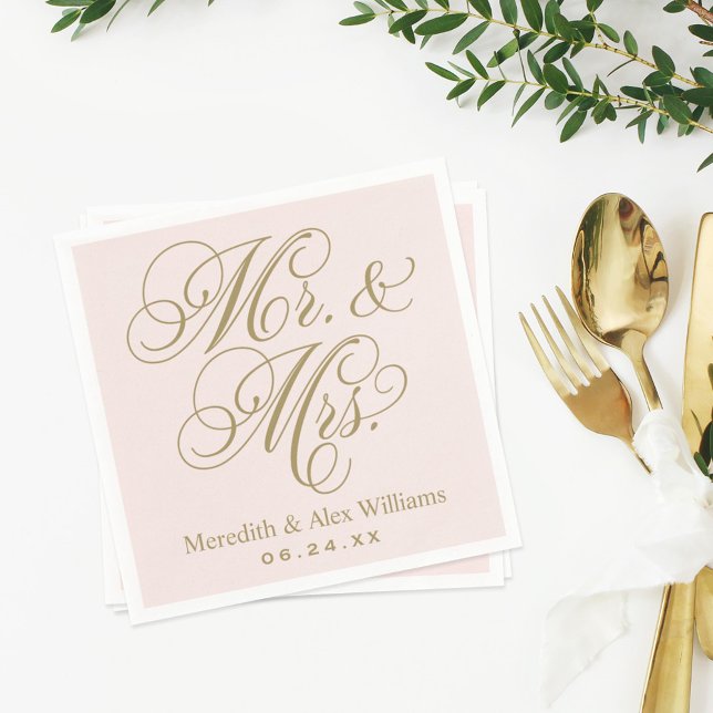 Elegant Pink Gold Mr and Mrs Script Monogram Paper Napkins (Creator Uploaded)