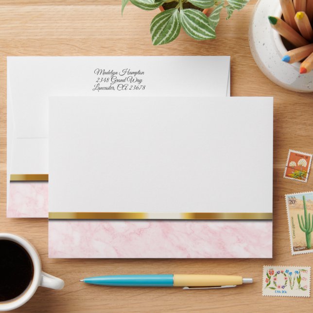 Elegant Pink & Gold on White Wedding Envelope (Desk)