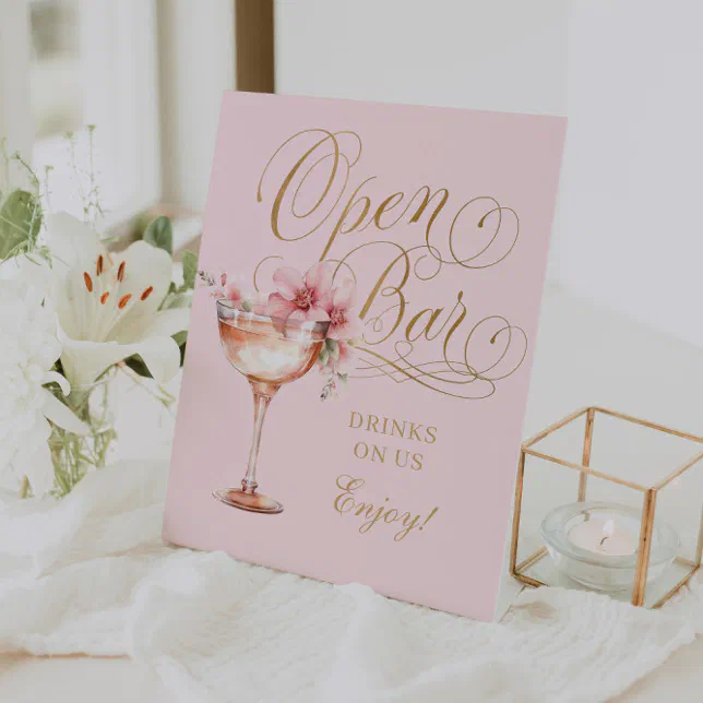 Elegant Pink Gold Open Bar Pedestal Sign | Zazzle