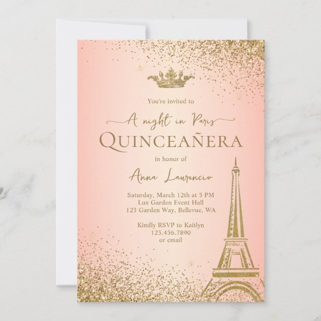 Elegant Pink Gold Paris Eiffel Tower Quinceanera Invitation (Front)