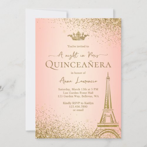 Elegant Pink Gold Paris Eiffel Tower Quinceanera Invitation