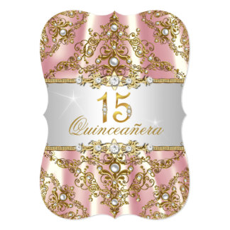 Elegant Pink Gold Pearl Damask Quinceanera Card