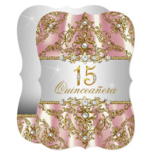 Elegant Pink Gold Pearl Damask Quinceanera Invitation