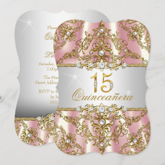 Elegant Pink Gold Pearl Damask Quinceanera Invitation